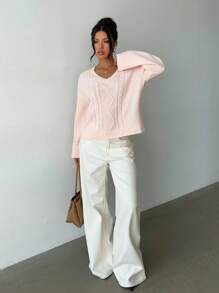 Aloruh 女士秋冬新款刺绣圆领杏色毛衣 - 粉色 - 查看 7