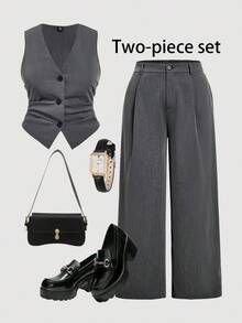 SHEIN MOD Plus Size Women's Solid Color Single-Breasted Vest And Wide-Leg Pants Casual Suit Set In Fall/Winter
