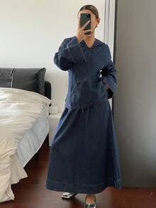 DAZY Women's V-Neck Hooded Top And Loose Denim Skirt Set, Summer - Blue - View 1