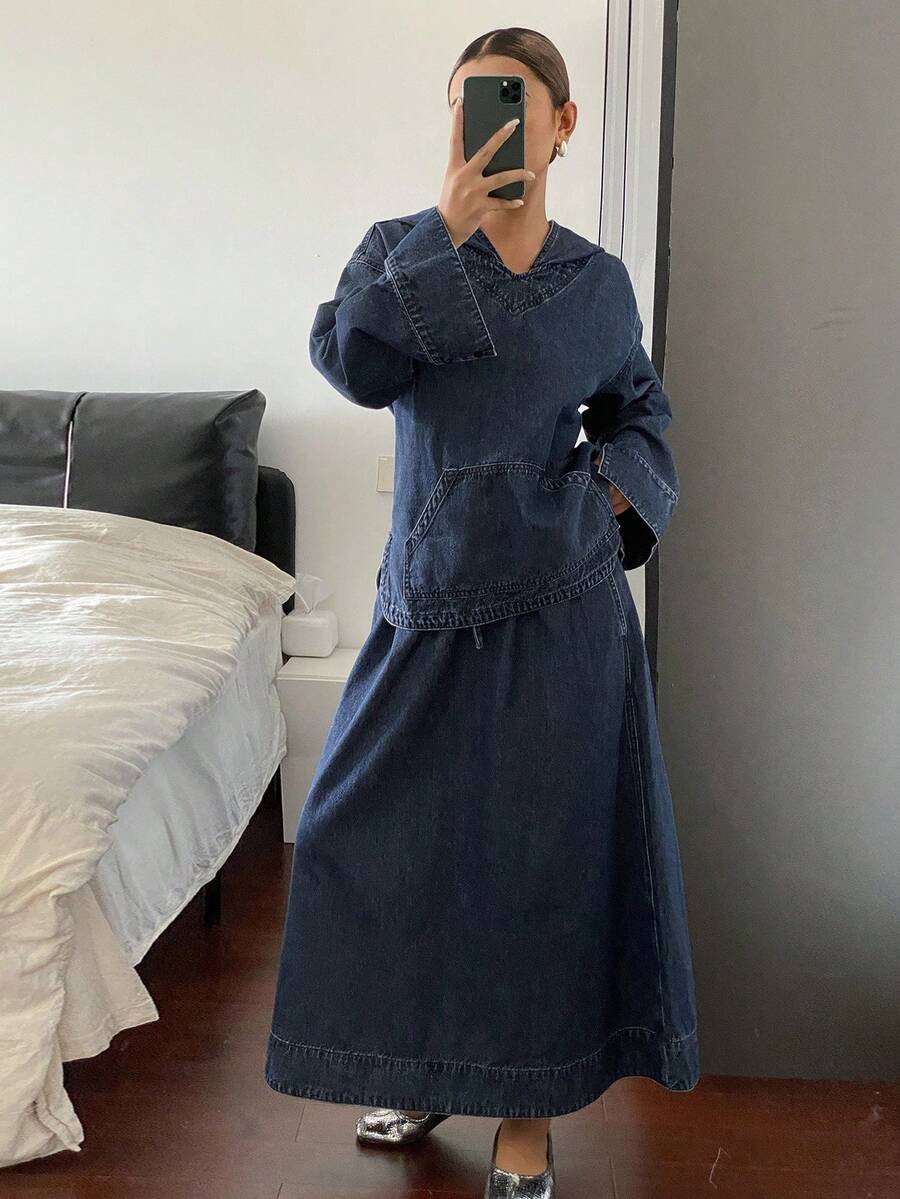 DAZY Women's V-Neck Hooded Top And Loose Denim Skirt Set, Summer - Blue - View 1