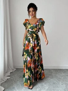 Elenzga Vestido elegante y romántico para mujer con cuello en V, estampado digital, volantes en la cintura y corte evasé, estilo vacacional - Multicolor - Ver 4