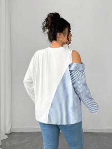 Elenzga Blusa Plus Size Elegante Minimalista Listrada Patchwork - Branco - Ver 2