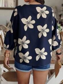 Weeklong Blouse ample à manches lanternes et col V avec imprimé floral aléatoire pour grandes tailles femmes