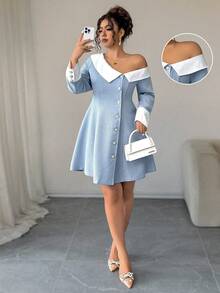 Elenzga Große Größen Gewebe Patchwork Kontrast Farbkragen Ärmel Schräge Schulter Asymmetrische Schulter Revers Offene Front Gold Knopf Dekor Taille ausgestellter Saum Elegantes Pendler Ausflug Party Date Knielanges Kleid - Blau-Weiß - Übersicht 3