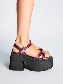 Sugerpunk 女士可爱蝴蝶结厚底凉鞋，夏季朋克风格圆形水钻休闲露趾坡跟鞋 - 时尚、舒适、方便松紧带 - 酒紅色 - 查看 4