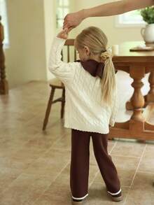 SHEIN Young Girls'2025 Apricot-Caramel Cable-Knit Co-Ords,Autumn,School Girl,Back-To-School Elegant Big Collar Long-Sleeve Cardigan & Pants Set,Slouchy-Chic - Apricot - View 2