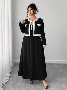 Elenzga بدلة سيدة أنيقة للتنقل مكونة من جاكيت قصير بأكمام طويلة مع تريم متباين وفستان منزلق مقاس كبير للسيدات، مجموعة من قطعتين - الأسود - مشاهدة 1