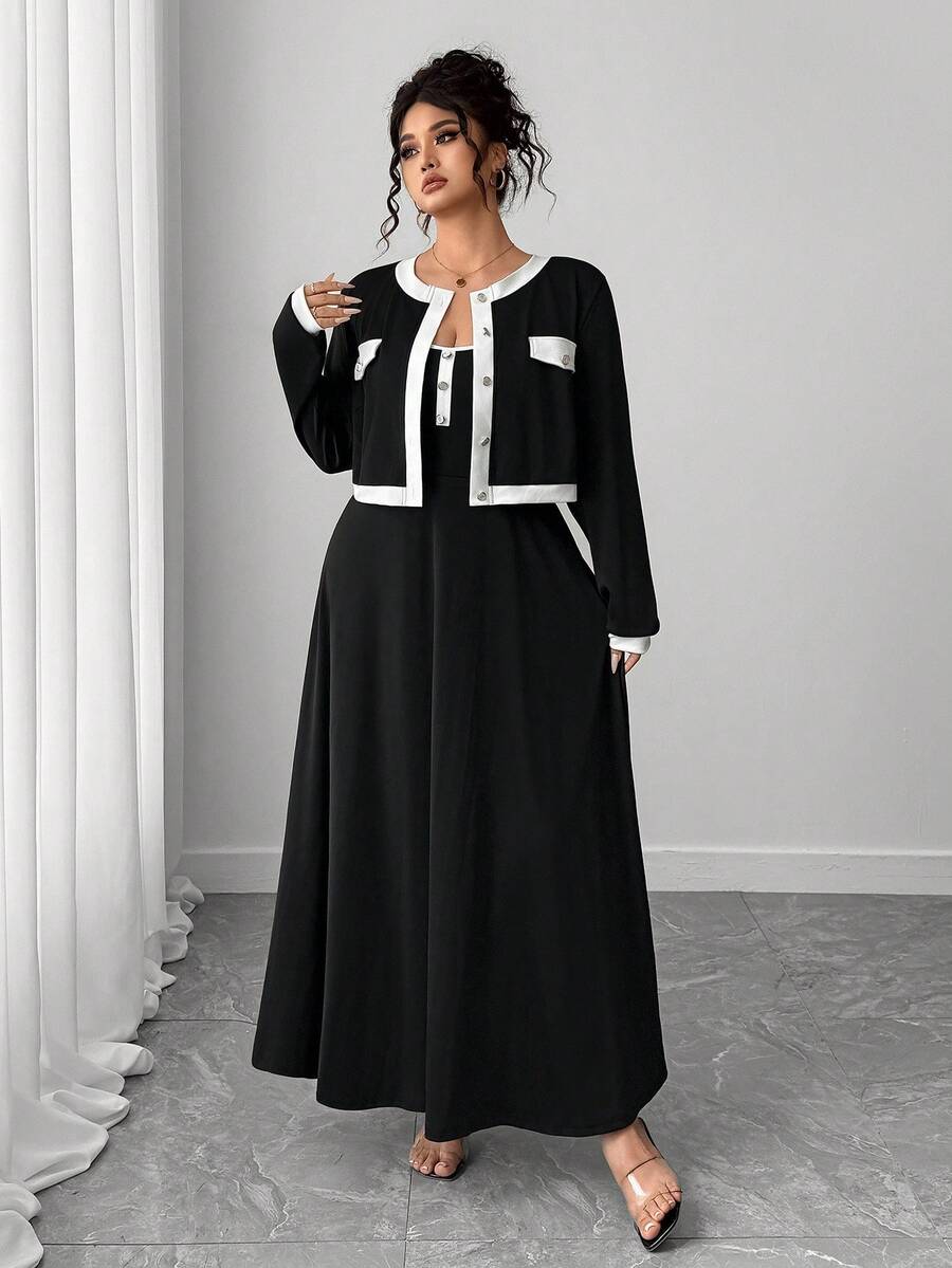 Elenzga بدلة سيدة أنيقة للتنقل مكونة من جاكيت قصير بأكمام طويلة مع تريم متباين وفستان منزلق مقاس كبير للسيدات، مجموعة من قطعتين - الأسود - مشاهدة 1