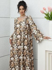 Elegant Vintage Romantic Floral & Pearl Decor Loose Fit Casual Dress For Women - Multicolor - View 5