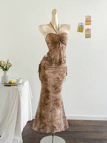 Soleia Spring/Summer Vacation Elegant New Strapless Sleeveless Printed Mesh Top & Pleated Skirt 2 Pieces Set - Multicolor - View 4