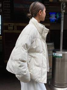 女士纹理面料宽松休闲外套，街头风格棉服外套夹克冬季 - 米色 - 查看 6