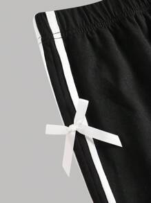 SHEIN Girlism Tween 女童春季黑色蝴蝶结装饰条纹喇叭裤，返校季，居家休闲运动，蝴蝶结装饰甜美运动喇叭裤