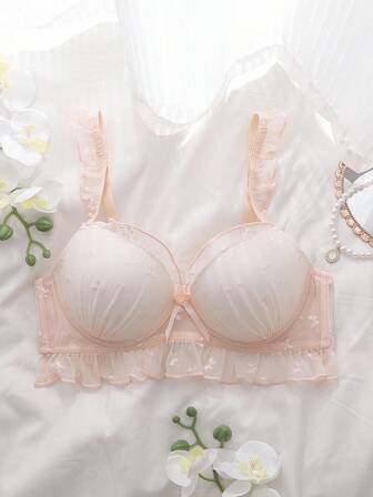 DelicateAllure 蝴蝶提花可爱舒适半罩杯文胸，3/4 罩杯，钢圈，提升，荷叶边，蝴蝶结装饰，女士内衣文胸