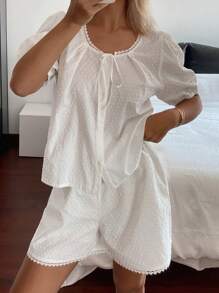 Livesso Bộ đồ ngủ màu trắng thoải mái, rộng rãi, dễ mặc mùa hè mới dành cho nữ - trắng - Xem 1