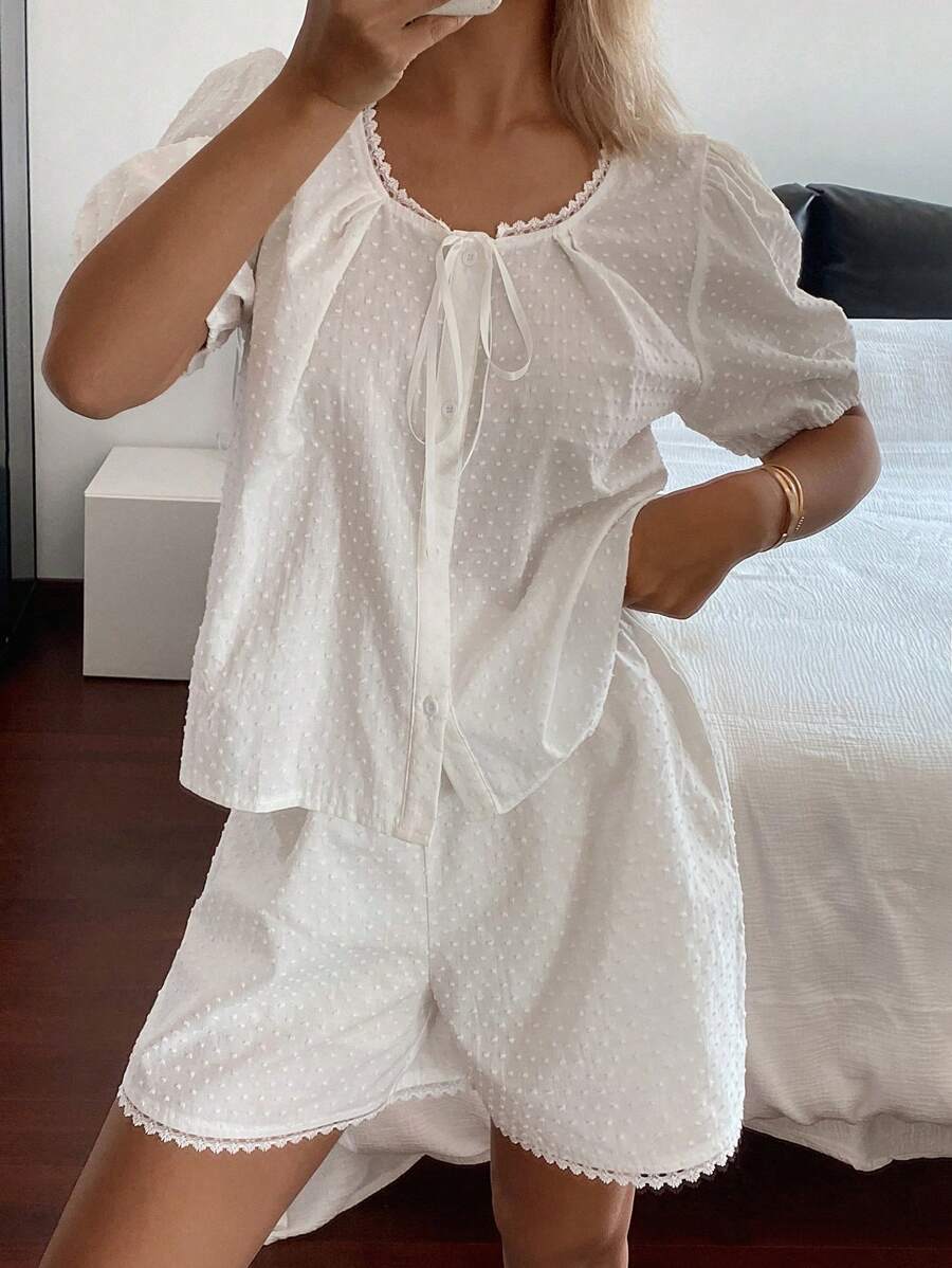 Livesso Bộ đồ ngủ màu trắng thoải mái, rộng rãi, dễ mặc mùa hè mới dành cho nữ - trắng - Xem 1