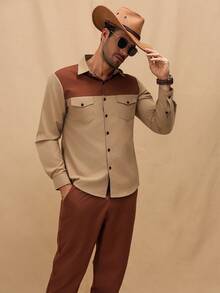 Manfinity Nomadique Conjunto de camisa y pantalones casuales para hombres con bloques de color y parches - Caqui - Ver 2