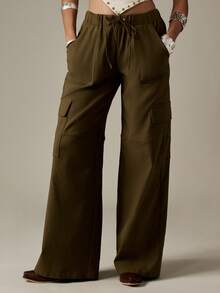 MISSGUIDED Low Rise Wide Leg Cargo Pants Drawstring Waist Military Style Festival Loose Fit Fall Winter Y2K Fashion Flared Pants - Olive Green - View 3
