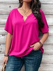 Rusticease Plus Notch Neck Dip Hem Top - Hot Pink - View 3