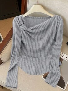 GlowEve Women's Oblique Collar Ruched Fitted Long Sleeve Knit Top Fall Cloth For Women