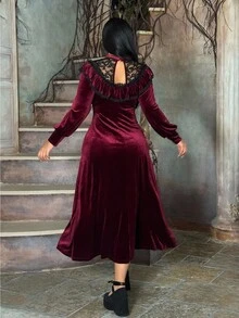 Lyrianda Plus Size Halloween Velvet Lace Patchwork Ruffle Hem Punk Dress