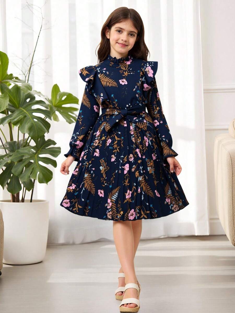 Sparklyn 女大童印花荷葉邊荷葉袖百褶下擺繫腰帶洋裝 - 藏蓝色 - 查看 1