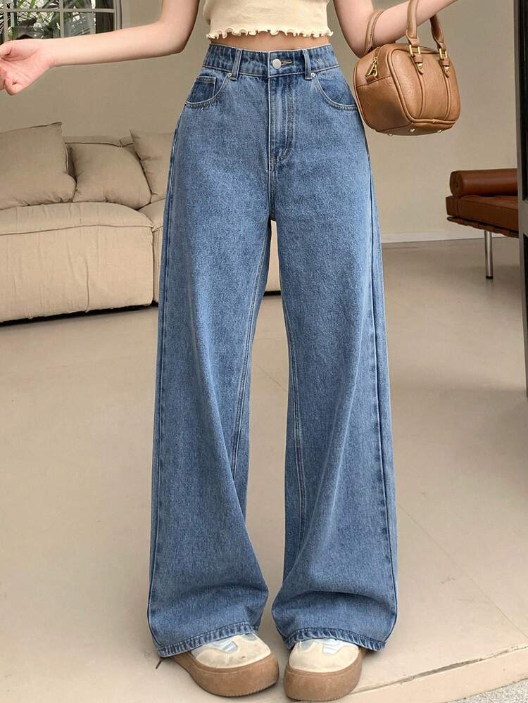 Solid Color Loose Fit Wide Leg Long Denim Pants Women Jeans