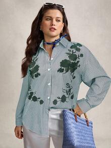 Zelara Plus Size Blue & White Striped Commute Printed Formal Shirt,Women Long Sleeve Button Down Blouse,Autumn Smart Casual Office Work Tops Business Blouses - Olive Green - View 1