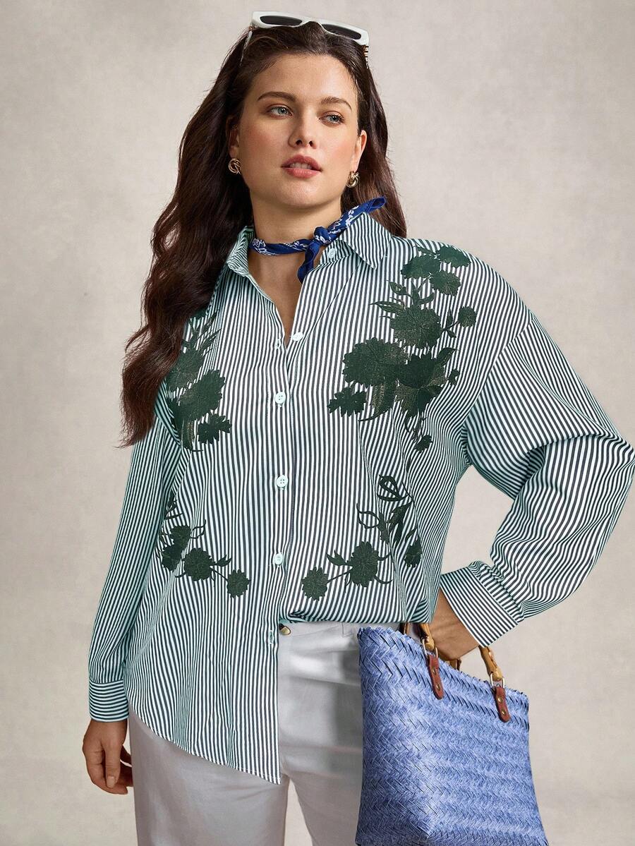 Zelara Plus Size Blue & White Striped Commute Printed Formal Shirt,Women Long Sleeve Button Down Blouse,Autumn Smart Casual Office Work Tops Business Blouses - Olive Green - View 1