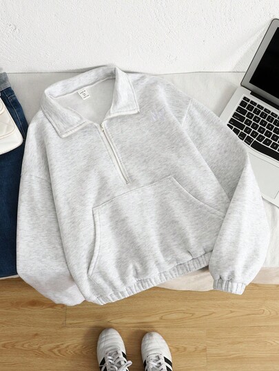 SHEIN Teen Girl's Outfits Gray Drop Shoulder Zip Half Placket Crop Sweatshirt Teen Girl Sweatshirts Zip Up Sweatshirts Sweatshirts For Teens Cute Sweatshirts Stand Collar Sweatshirt Gray Sweatshirts,In Fall/Winter
