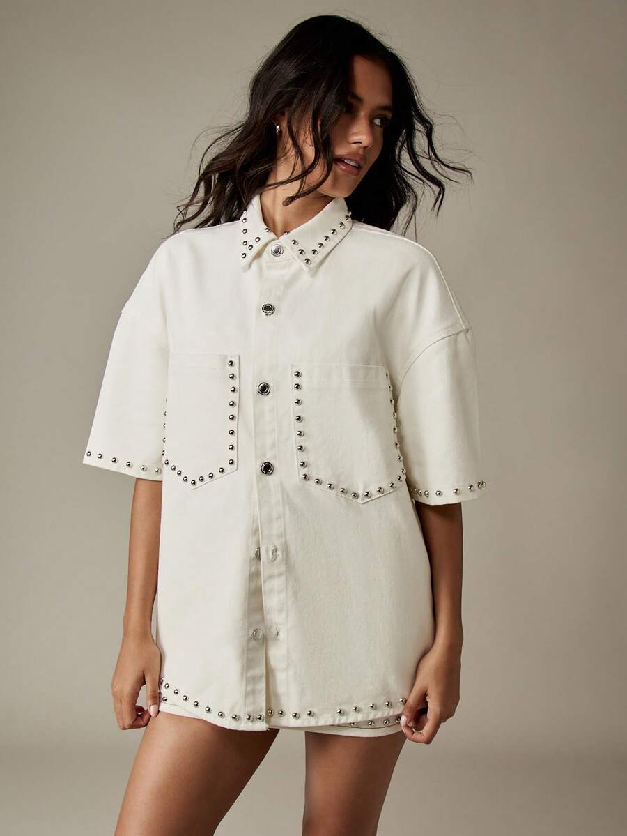 MISSGUIDED 铆钉牛仔纽扣衬衫长款罩衫休闲西部超大风格节日时尚宣言单品,带有金属细节春夏 - 白色 - 查看 1