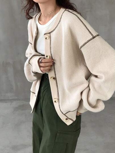 FRIFUL Women's Apricot Contrast Stitching Hem Button Closure Loose Casual Versatile Jacket, Suitable For Outings, Airports, Travels, Autumn Fashion