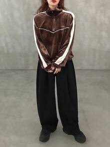 FRIFUL 女士棕色天鹅绒撞色白条纹落肩长袖宽松休闲百搭运动衫，时尚秋季 - 咖啡棕 - 查看 2