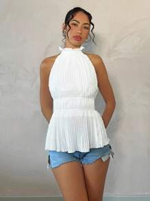 SHEIN BAE ملابس علوية قصير مكشوف الظهر للصيف والعطلات، ملابس علوية مجعد جذاب للمواعدة، ملابس علوية هالتر للنساء للصيف/الربيع/عيد الحب/الكرنفال/عطلة الشاطئ - أبيض - مشاهدة 7