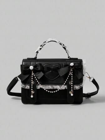 Grunge Punk 1 pezzo Borsa a tracolla da donna con fiocco, decorazione in pizzo e perle, stile minimalista e alla moda