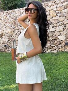 Ronhire 2pcs Women V-Neck Sleeveless Button Blouse And Loose Casual Shorts Set  Two-Piece V-Neck Vest Suit - Apricot - View 4