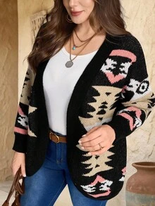 EMERY ROSE 大尺碼女款復古黑紅配色開襟衫，幾何圖案落肩長袖開襟衫，毛絨保暖秋季波西米亞鄉村風 - 彩色 - 查看 4
