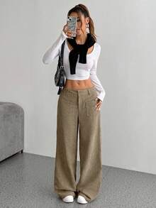 Flirla Women's Autumn Simple Solid Color Corduroy Casual Loose Straight Pants Fall Cloth For Women - Brown - View 5
