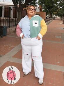 Enliva Jeans boyfriend déchiré casual avec boutons frontaux et poches, couleur unie, grande taille