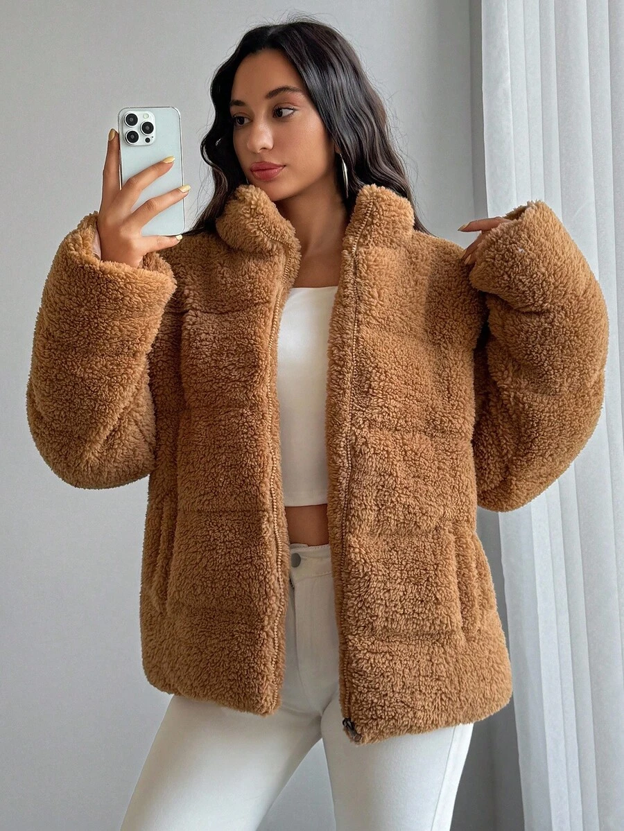 SHEIN Tall Women Fluffy Detailed Padded Coat Teddy Jacket Fur Jacket Brown Jacket Faux Fur Jacket