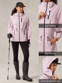 OutZeal 女士防水拉链口袋抽绳腰部连帽户外夹克徒步露营