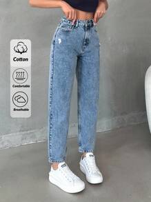 Jeansy Mom z wysokim stanem i kieszeniami, casualowe, sprane, niebieskie spodnie jeansowe