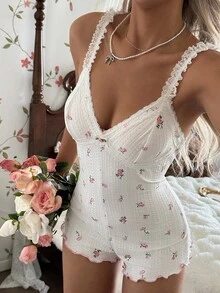 CottageSlumber CottageSlumber CottageSlumber Ditsy Floral Patchwork White Lace Strap Casual Women Sleepwear Jumpsuit Summer Lingerie Lingerie Romper Cute Lingerie Rave Floral Lingerie  Cozy And Elegant Details