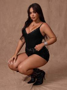 Rustia Plus Size Women Contrast Lace Button Design Sexy Bodysuit CASUAL - Black - View 8