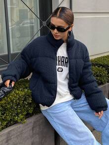 DAZY 女式宽松高领拉链休闲街头装夹棉外套，秋冬夹克 - 藍色 - 查看 7