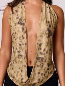 MUSERA 垂褶露背吊带深V领动物纹上衣，适合生日、夏季假期、节日、性感夜店、演出后外出、派对等场合，春季穿着。 - 棕色 - 查看 2