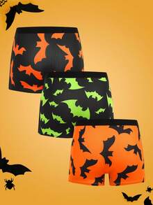 Notgurli 3pcs Glow-In-The-Dark Bat Print Funny Comfortable Contrast Color Men's Boxer Briefs, Halloween - Multicolor - View 2