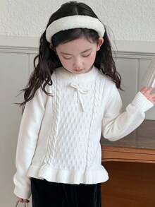DAZY Girls' Crew Neck Sweater With Bow Decor, Fall - Beige - View 7