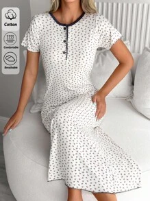 EURMUSE Women High Quality Viscose Fabric With Contrast Binding Detail Floral Pattern Short Sleeve Long Homewear Sleep Pajama Dress - White - View 1