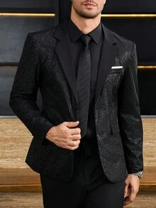 Manfinity AFTRDRK 男士卡其色梭织面料常规版型长袖翻领西装外套，适合送给男朋友/丈夫的礼物，老钱风格 - 黑色 - 查看 4