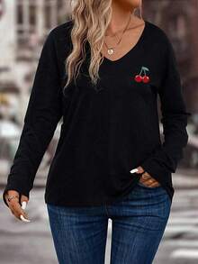 EMERY ROSE New Arrival Plus Size Women's Fashion Peach V-Neck Printed Black Long Sleeve T-Shirt - Black - View 6